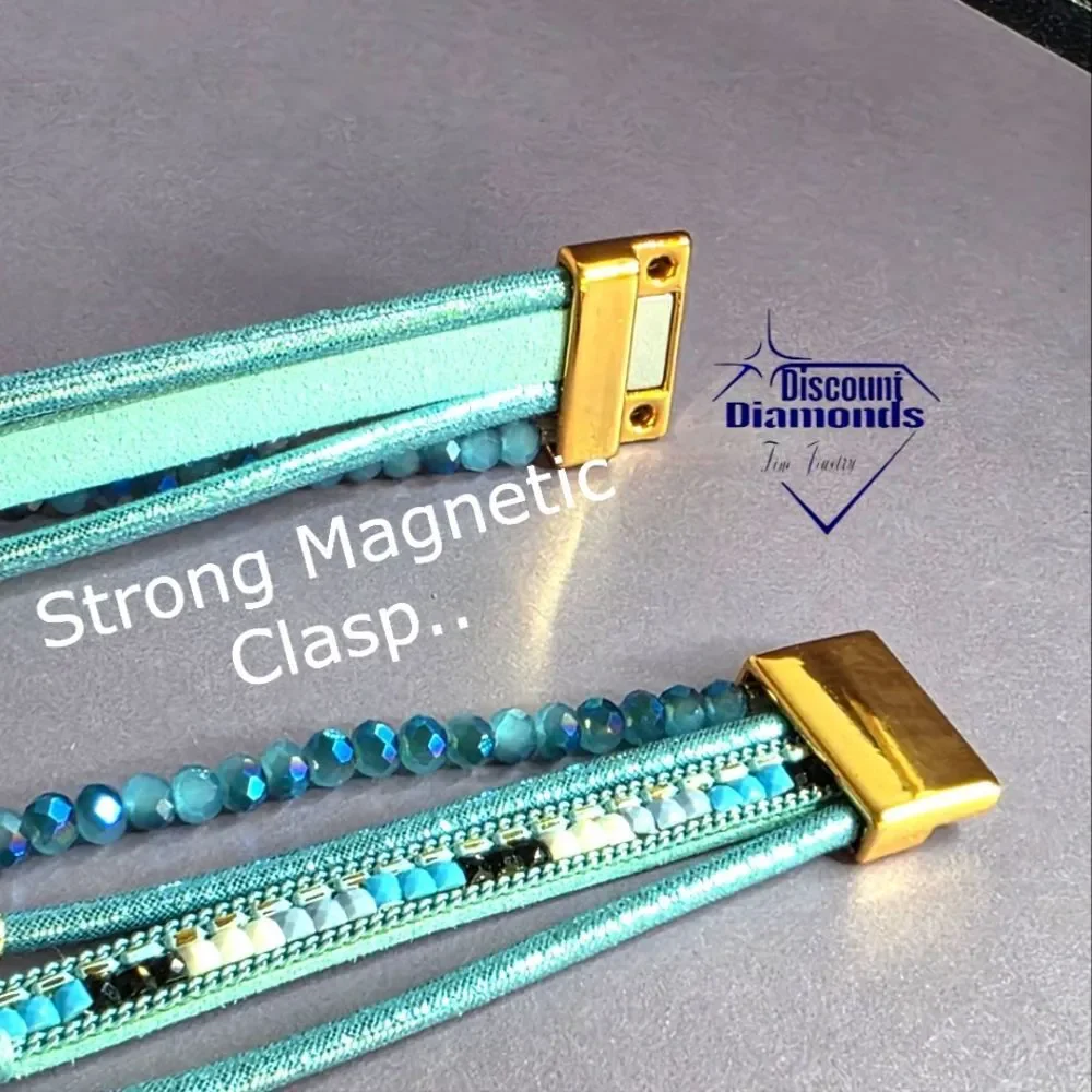 Vintage Boho Light Blue & Gold Leather Bracelet